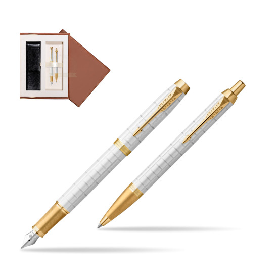 Zestaw Prezentowy Parker Pióro wieczne + Długopis IM Premium Pearl GT w brązowym pudełku zamszowym