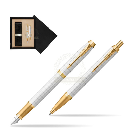 Zestaw Prezentowy Parker Pióro wieczne + Długopis IM Premium Pearl GT w pudełku drewnianym Czerń Double Ecru