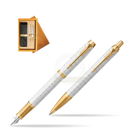 Zestaw Prezentowy Parker Pióro wieczne + Długopis IM Premium Pearl GT w pudełku drewnianym Honey Double Ecru