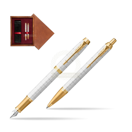 Zestaw Prezentowy Parker Pióro wieczne + Długopis IM Premium Pearl GT w pudełku drewnianym Mahoń Double Bordo