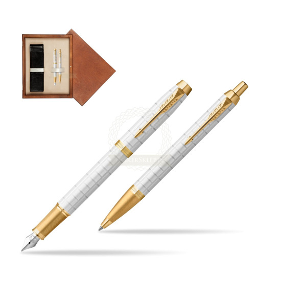 Zestaw Prezentowy Parker Pióro wieczne + Długopis IM Premium Pearl GT w pudełku drewnianym Mahoń Double Ecru