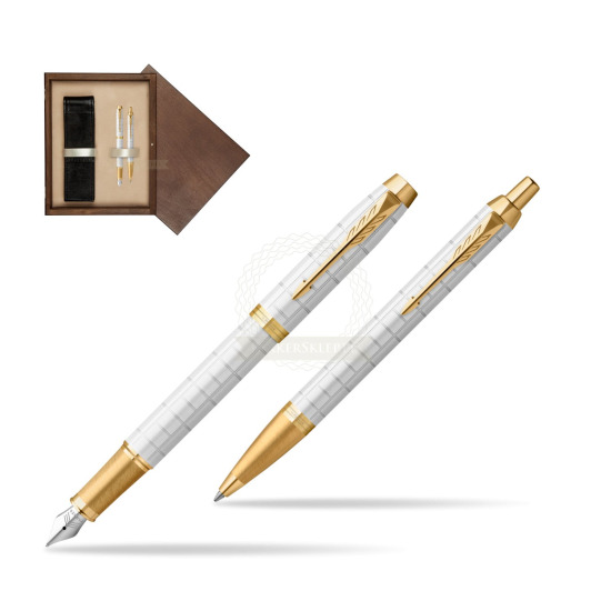 Zestaw Prezentowy Parker Pióro wieczne + Długopis IM Premium Pearl GT w pudełku drewnianym Wenge Double Ecru