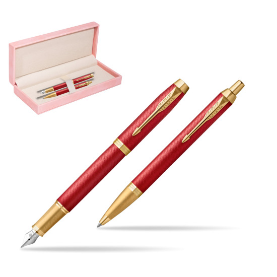 Zestaw Prezentowy Parker Pióro wieczne + Długopis IM Premium Red GT w różowym pudełku zamszowym