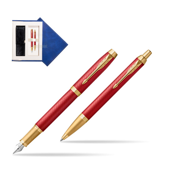 Zestaw Prezentowy Parker Pióro wieczne + Długopis IM Premium Red GT w granatowym pudełku zamszowym