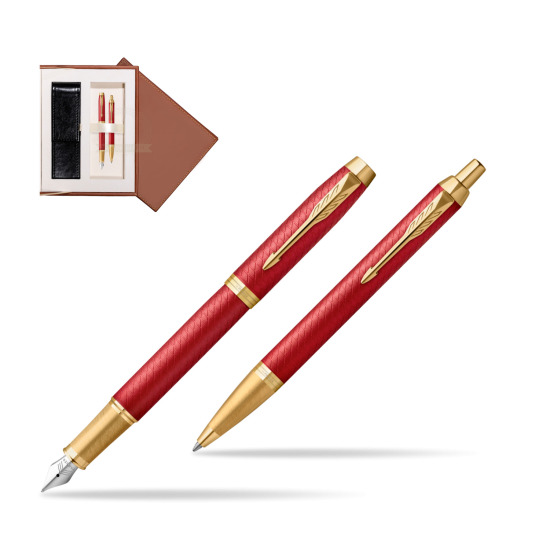 Zestaw Prezentowy Parker Pióro wieczne + Długopis IM Premium Red GT w brązowym pudełku zamszowym