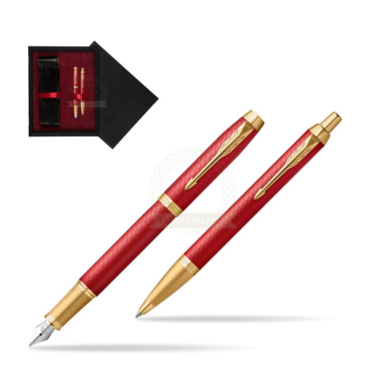 Zestaw Prezentowy Parker Pióro wieczne + Długopis IM Premium Red GT w pudełku drewnianym Czerń Double Bordo