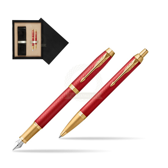 Zestaw Prezentowy Parker Pióro wieczne + Długopis IM Premium Red GT w pudełku drewnianym Czerń Double Ecru