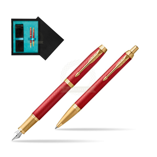 Zestaw Prezentowy Parker Pióro wieczne + Długopis IM Premium Red GT w pudełku drewnianym Czerń Double Turkus