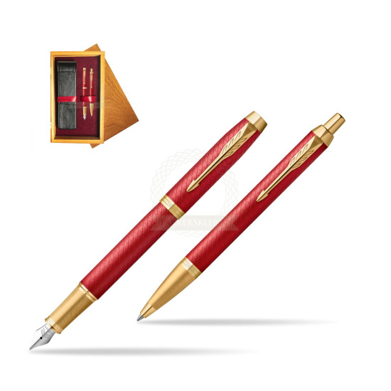 Zestaw Prezentowy Parker Pióro wieczne + Długopis IM Premium Red GT w pudełku drewnianym Honey Double Bordo