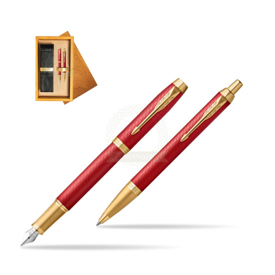 Zestaw Prezentowy Parker Pióro wieczne + Długopis IM Premium Red GT w pudełku drewnianym Honey Double Ecru