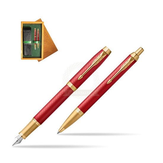 Zestaw Prezentowy Parker Pióro wieczne + Długopis IM Premium Red GT w pudełku drewnianym Honey Double Zieleń
