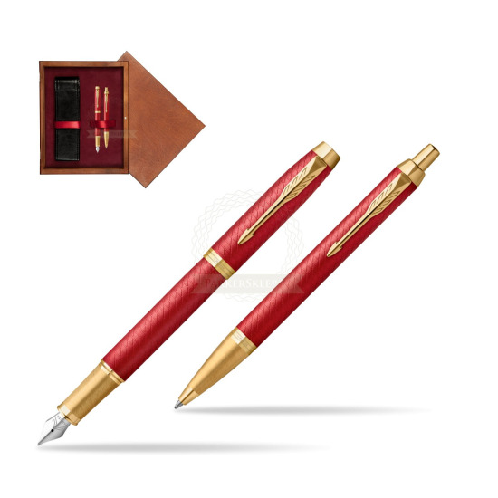 Zestaw Prezentowy Parker Pióro wieczne + Długopis IM Premium Red GT w pudełku drewnianym Mahoń Double Bordo