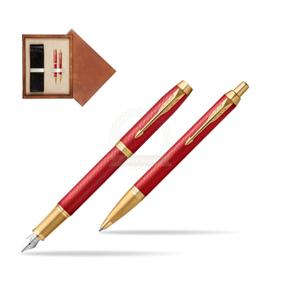 Zestaw Prezentowy Parker Pióro wieczne + Długopis IM Premium Red GT w pudełku drewnianym Mahoń Double Ecru