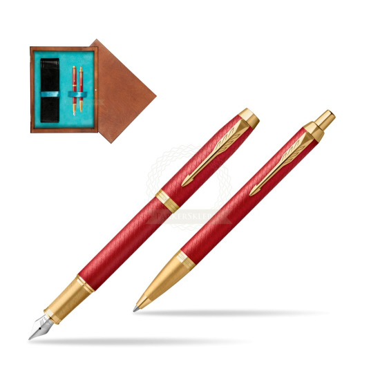 Zestaw Prezentowy Parker Pióro wieczne + Długopis IM Premium Red GT w pudełku drewnianym Mahoń Double Turkus