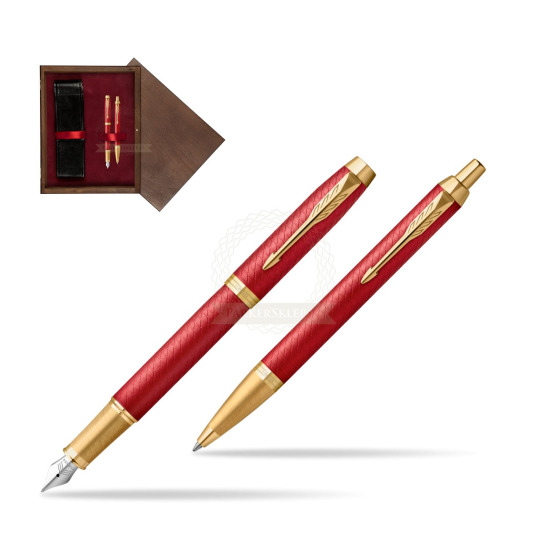 Zestaw Prezentowy Parker Pióro wieczne + Długopis IM Premium Red GT w pudełku drewnianym Wenge Double Bordo