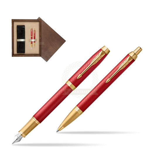 Zestaw Prezentowy Parker Pióro wieczne + Długopis IM Premium Red GT w pudełku drewnianym Wenge Double Ecru