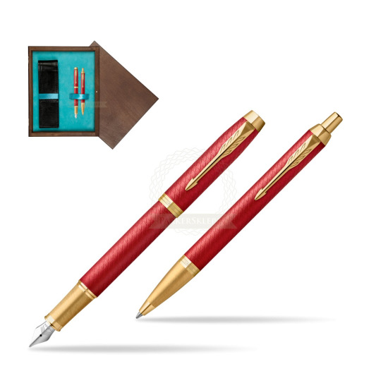 Zestaw Prezentowy Parker Pióro wieczne + Długopis IM Premium Red GT w pudełku drewnianym Wenge Double Turkus