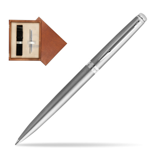 Długopis Waterman Hemisphere Essential Metaliczna Stalowa CT w pudełku drewnianym Mahoń Single Ecru