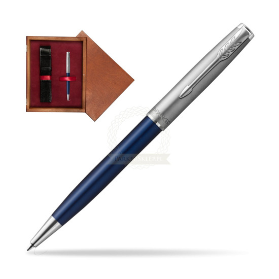 Długopis Parker Sonnet Sand Blasted Metal Blue CT w pudełku drewnianym Mahoń Single Bordo