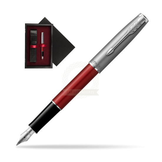 Pióro wieczne Parker Sonnet Sand Blasted Metal Red CT w pudełku drewnianym Czerń Single Bordo