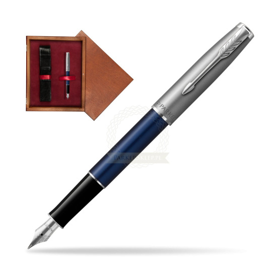 Pióro wieczne Parker Sonnet Sand Blasted Metal Blue CT w pudełku drewnianym Mahoń Single Bordo