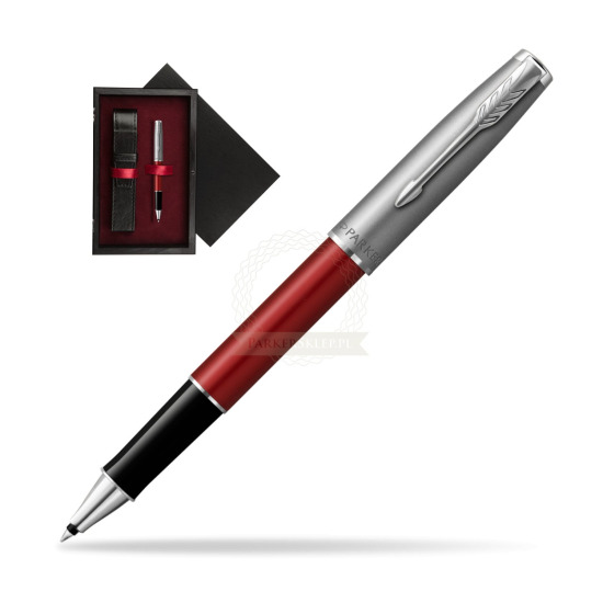 Pióro kulkowe Parker Sonnet Sand Blasted Metal Red CT w pudełku drewnianym Czerń Single Bordo