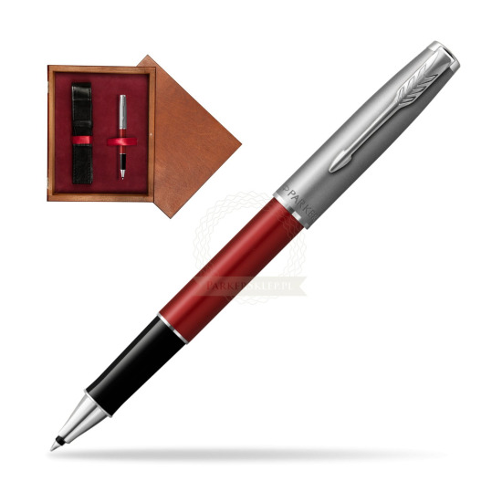 Pióro kulkowe Parker Sonnet Sand Blasted Metal Red CT w pudełku drewnianym Mahoń Single Bordo