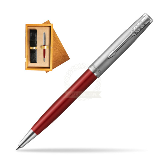 Długopis Parker Sonnet Sand Blasted Metal Red CT w pudełku drewnianym Honey Single Ecru
