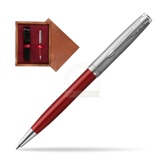 Długopis Parker Sonnet Sand Blasted Metal Red CT w pudełku drewnianym Mahoń Single Bordo