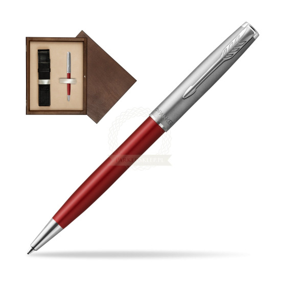 Długopis Parker Sonnet Sand Blasted Metal Red CT w pudełku drewnianym Wenge Single Ecru