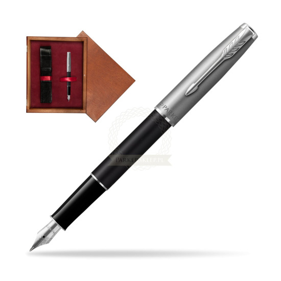 Pióro wieczne Parker Sonnet Sand Blasted Metal Black CT w pudełku drewnianym Mahoń Single Bordo