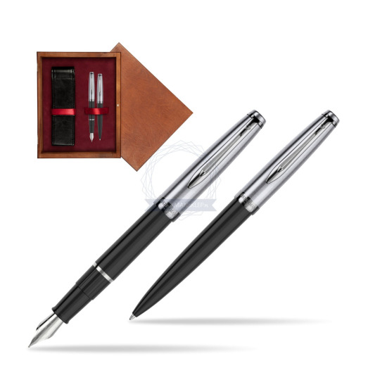 Zestaw prezentowy pióro wieczne +długopis Waterman Embleme Core Czarny w pudełku drewnianym Mahoń Double Bordo