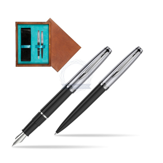Zestaw prezentowy pióro wieczne +długopis Waterman Embleme Core Czarny w pudełku drewnianym Mahoń Double Turkus