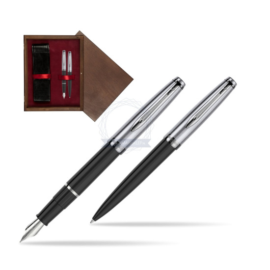 Zestaw prezentowy pióro wieczne +długopis Waterman Embleme Core Czarny w pudełku drewnianym Wenge Double Bordo