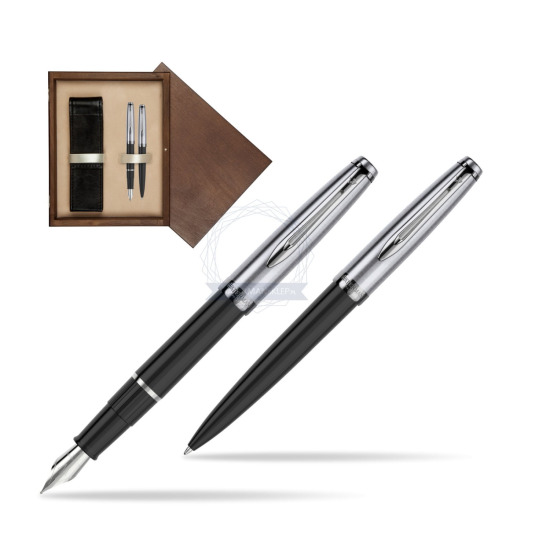 Zestaw prezentowy pióro wieczne +długopis Waterman Embleme Core Czarny w pudełku drewnianym Wenge Double Ecru