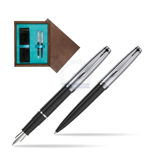 Zestaw prezentowy pióro wieczne +długopis Waterman Embleme Core Czarny w pudełku drewnianym Wenge Double Turkus