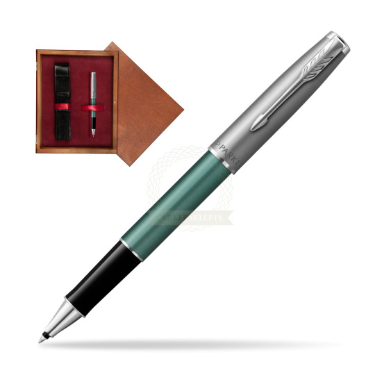 Pióro kulkowe Parker Sonnet Sand Blasted Metal Green CT w pudełku drewnianym Mahoń Single Bordo