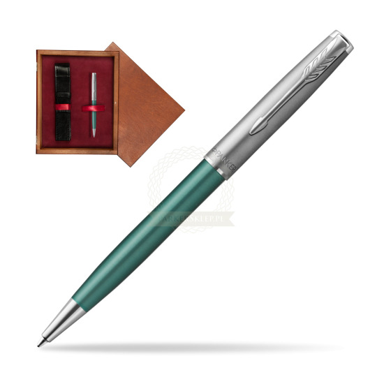 Długopis Parker Sonnet Sand Blasted Metal Green CT w pudełku drewnianym Mahoń Single Bordo