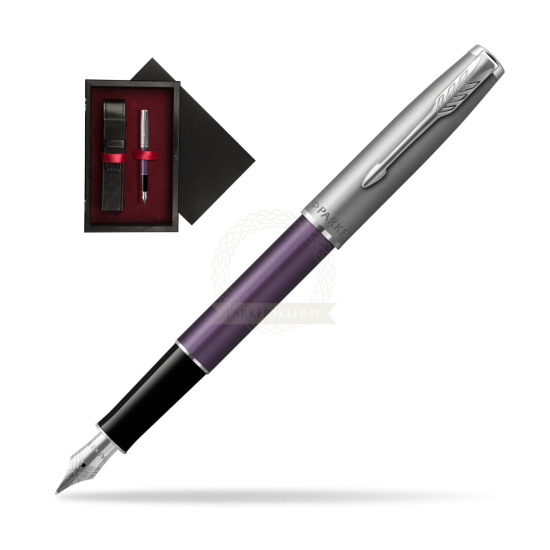 Pióro wieczne Parker Sonnet Sand Blasted Metal Violet CT w pudełku drewnianym Czerń Single Bordo