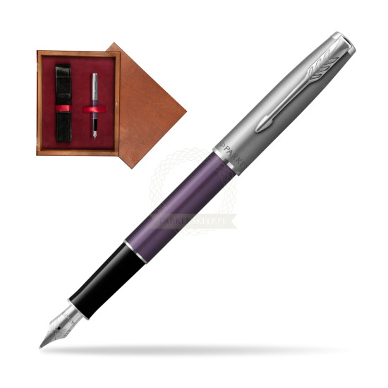 Pióro wieczne Parker Sonnet Sand Blasted Metal Violet CT w pudełku drewnianym Mahoń Single Bordo