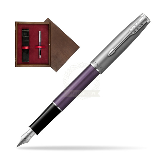 Pióro wieczne Parker Sonnet Sand Blasted Metal Violet CT w pudełku drewnianym Wenge Single Bordo