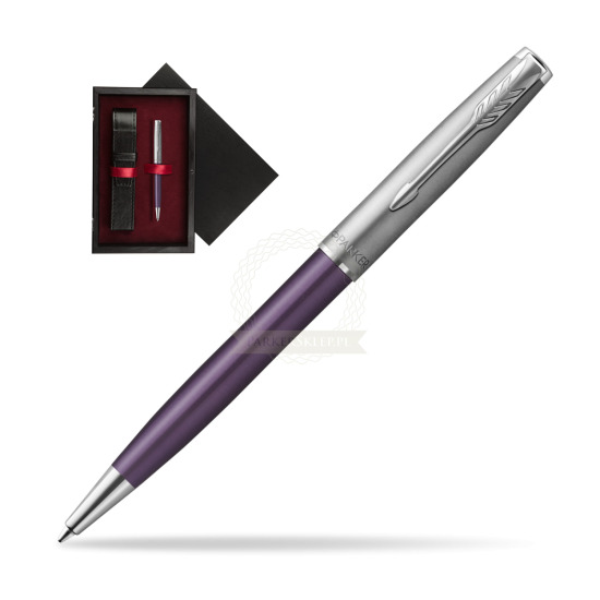 Długopis Parker Sonnet Sand Blasted Metal Violet CT w pudełku drewnianym Czerń Single Bordo