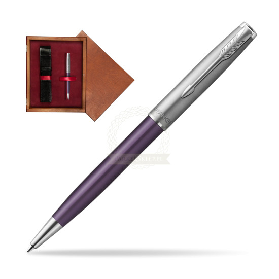 Długopis Parker Sonnet Sand Blasted Metal Violet CT w pudełku drewnianym Mahoń Single Bordo