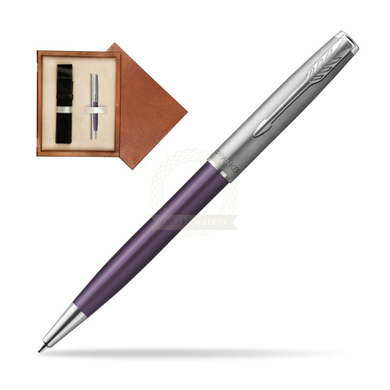 Długopis Parker Sonnet Sand Blasted Metal Violet CT w pudełku drewnianym Mahoń Single Ecru