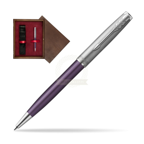 Długopis Parker Sonnet Sand Blasted Metal Violet CT w pudełku drewnianym Wenge Single Bordo