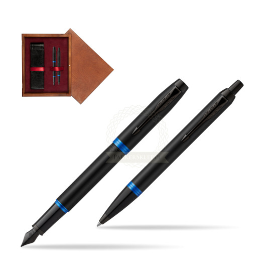 Zestaw prezentowy Parker Pióro wieczne + Długopis IM PROFESSIONALS VIBRANT RING Marine Blue w pudełku drewnianym Mahoń Double Bordo