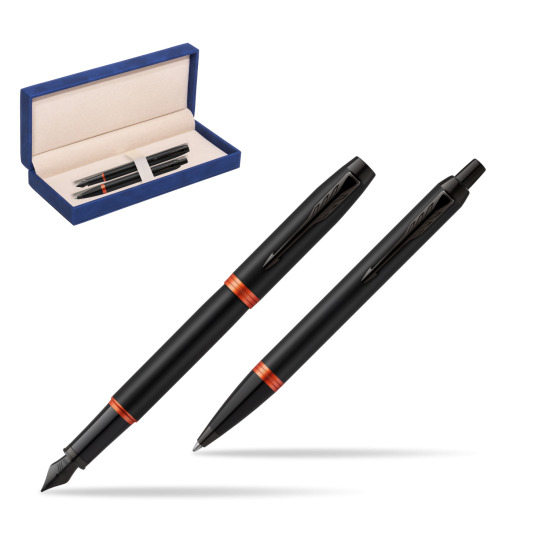 Zestaw prezentowy Parker Pióro wieczne + Długopis IM PROFESSIONALS VIBRANT RING Flame Orange w granatowym pudełku zamszowym