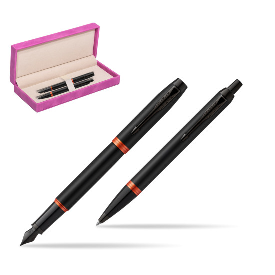 Zestaw prezentowy Parker Pióro wieczne + Długopis IM PROFESSIONALS VIBRANT RING Flame Orange w pudełku zamszowym fuksja