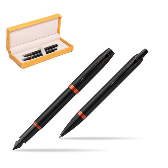 Zestaw prezentowy Parker Pióro wieczne + Długopis IM PROFESSIONALS VIBRANT RING Flame Orange w żółtym pudełku zamszowym
