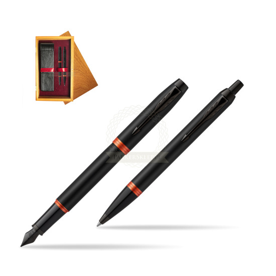 Zestaw prezentowy Parker Pióro wieczne + Długopis IM PROFESSIONALS VIBRANT RING Flame Orange w pudełku drewnianym Honey Double Bordo